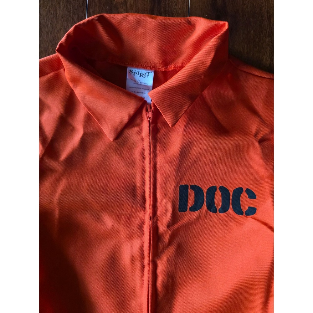 Spirit Halloween Kids DOC Orange Prisoner Costume Jumpsuit with Handcuffs Size L - Picture 4 of 6